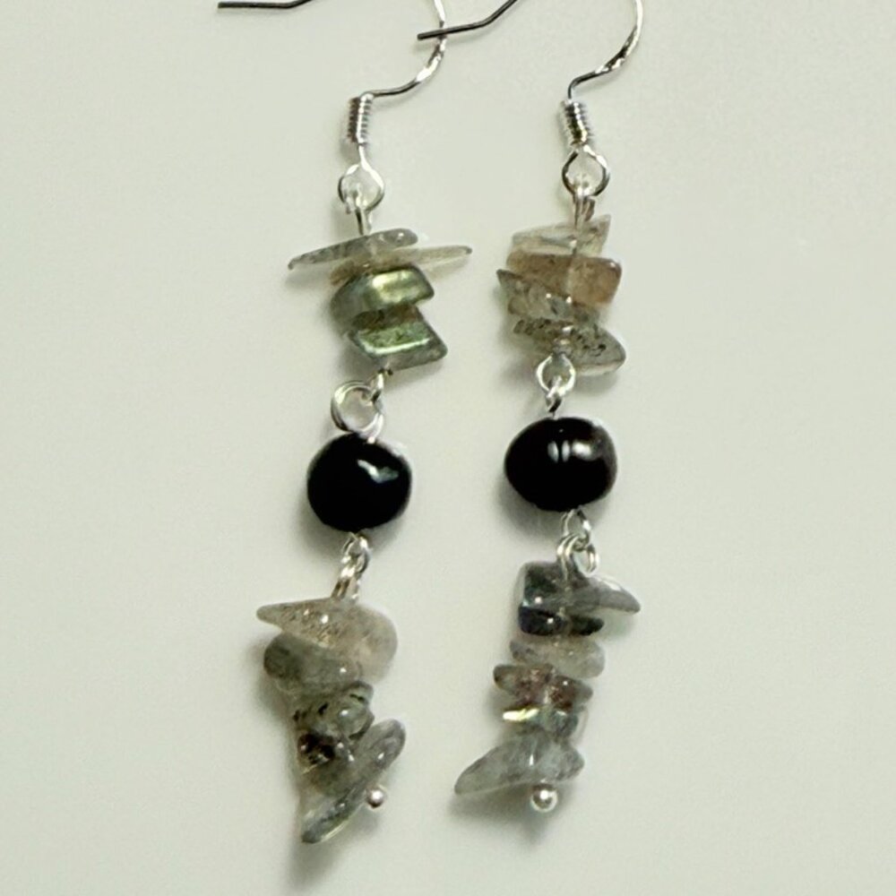Labradorite & Freshwater Pearl Earrings, Natural Stone Dangle Earrings, Handmade - Picture 4 of 6